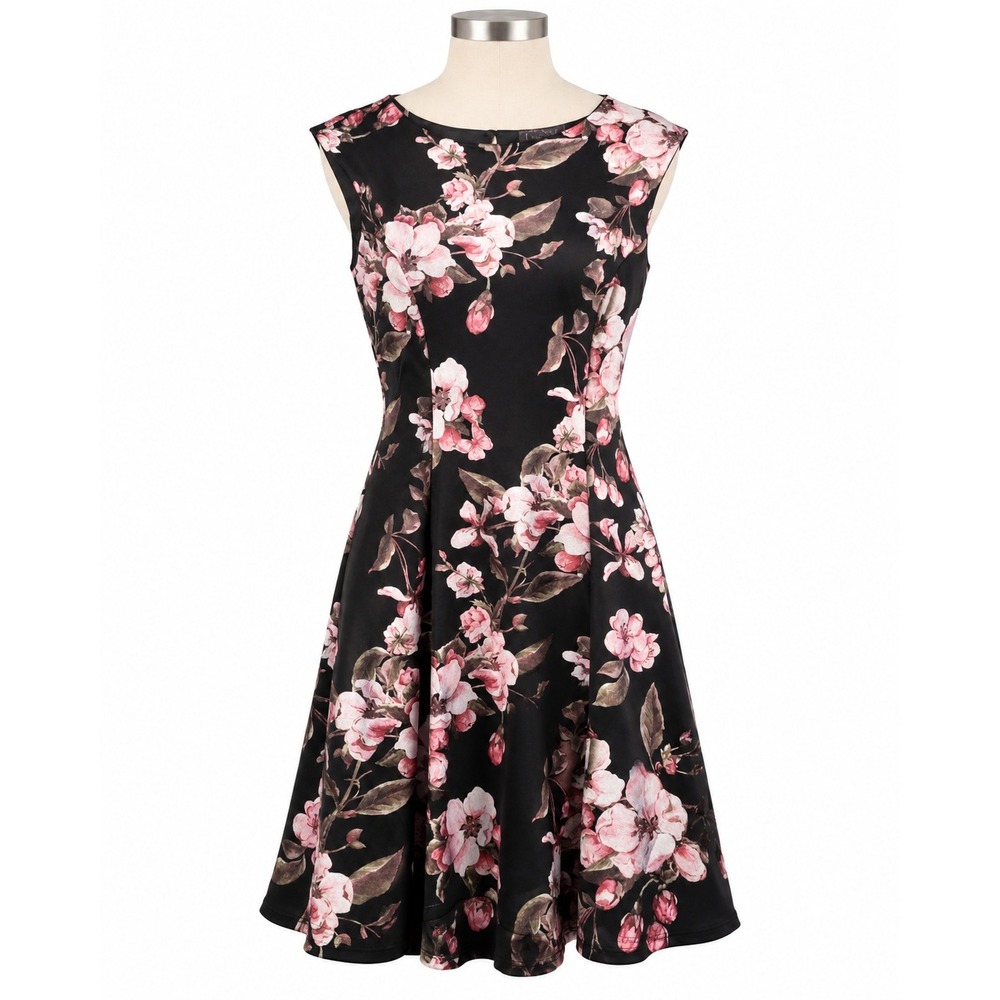 Luxology PM Petite Black Pink Floral Fit & Flare Midi Dress Romantic Cottagecore